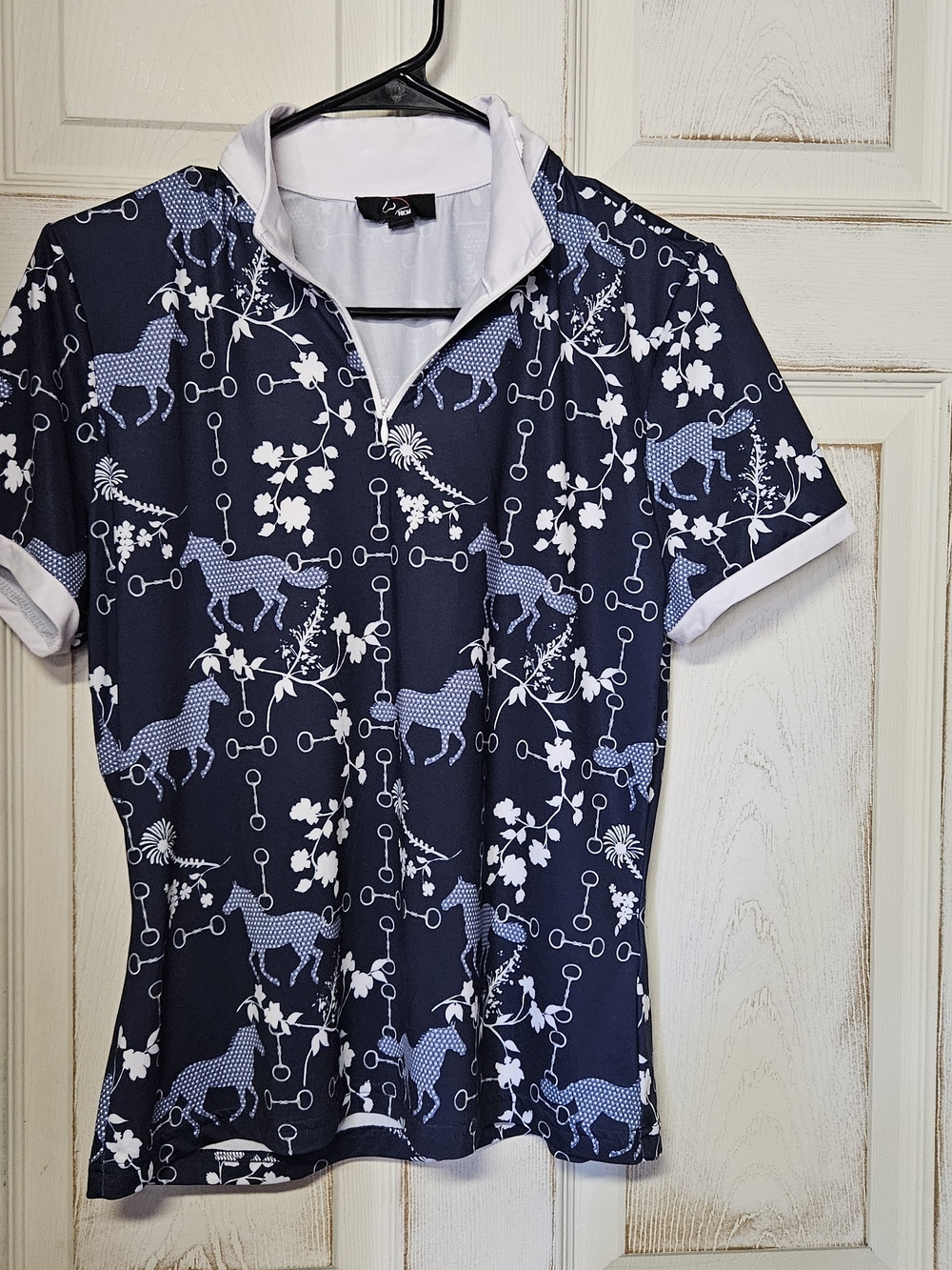 HKM Women’s Navy Floral Horse-Print Short Sleeve Polo Blouse